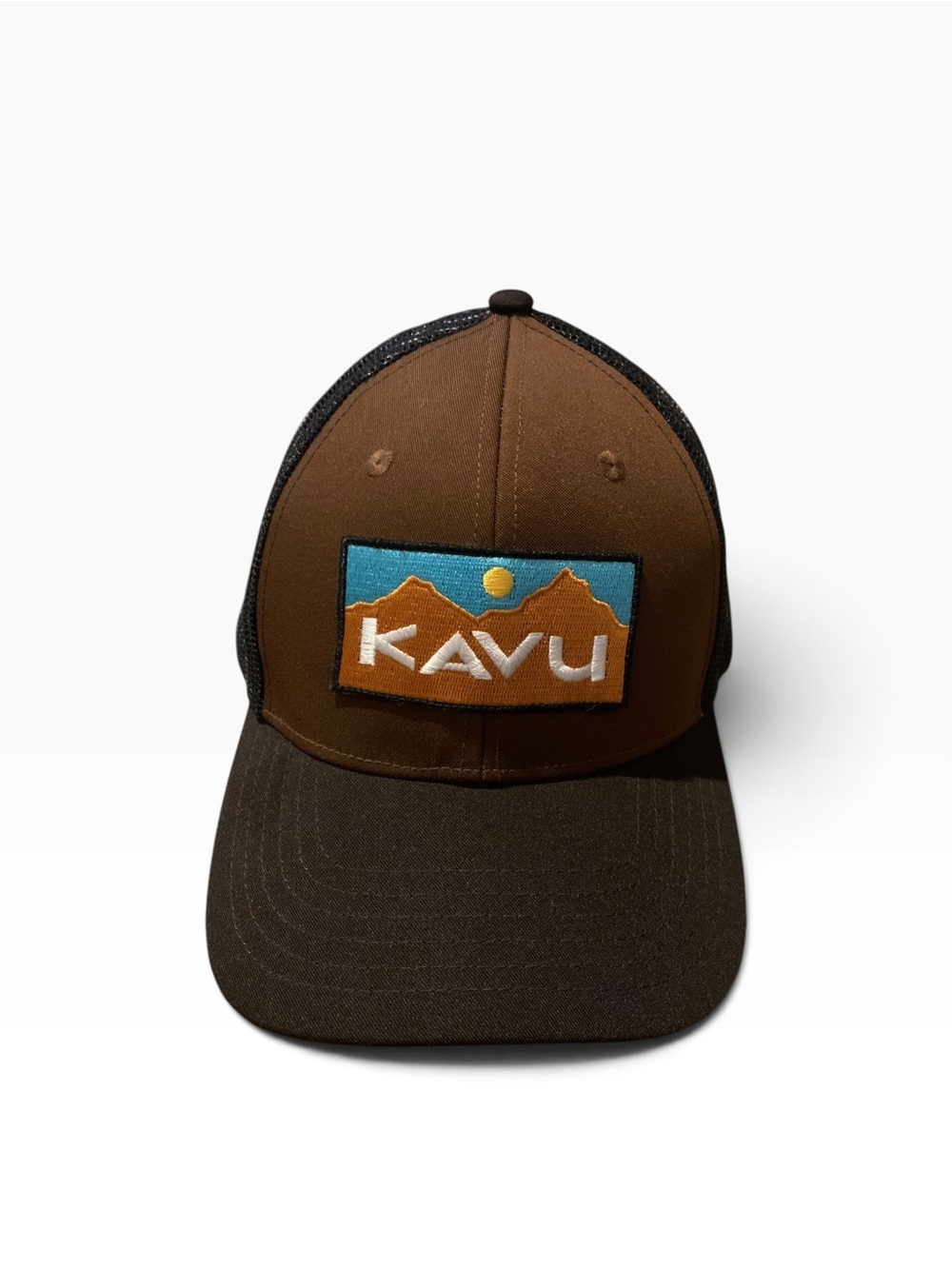 KAVU Brown Mesh Back Trucker Hat Snapback Mountain Logo Cap - Picture 3 of 5